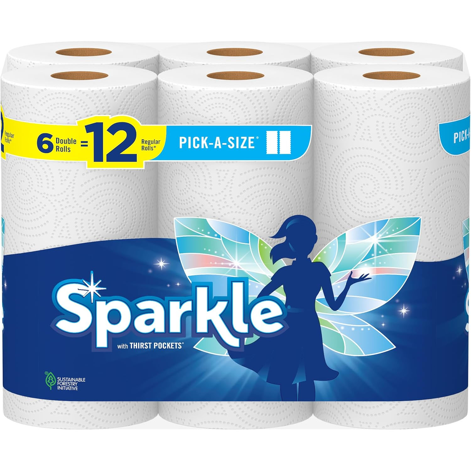 Sparkle Paper Towels, featuring \“Pick-A-Size\“ options, come in a pack of 6 double rolls, equating to 12 regular rolls, and are associated with the Sustainable Forestry Initiative.
