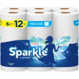 Sparkle Paper Towels, featuring \“Pick-A-Size\“ options, come in a pack of 6 double rolls, equating to 12 regular rolls, and are associated with the Sustainable Forestry Initiative.