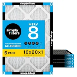 A 6-pack of MERV 8 air filters from Simply Filters, size 16x20x1, designed to protect against allergens.
