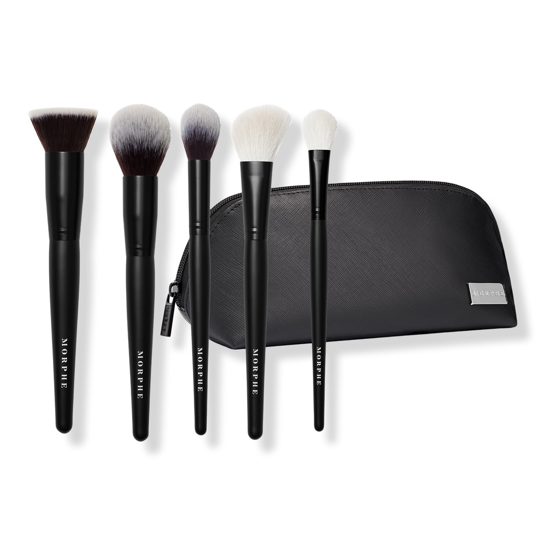 A set of five Morphe makeup brushes with black handles and white bristles, accompanied by a black zippered pouch.