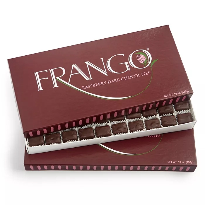 Frango Raspberry Dark Chocolates, packaged in a maroon box with 16 oz (453 g) of individually wrapped chocolates.