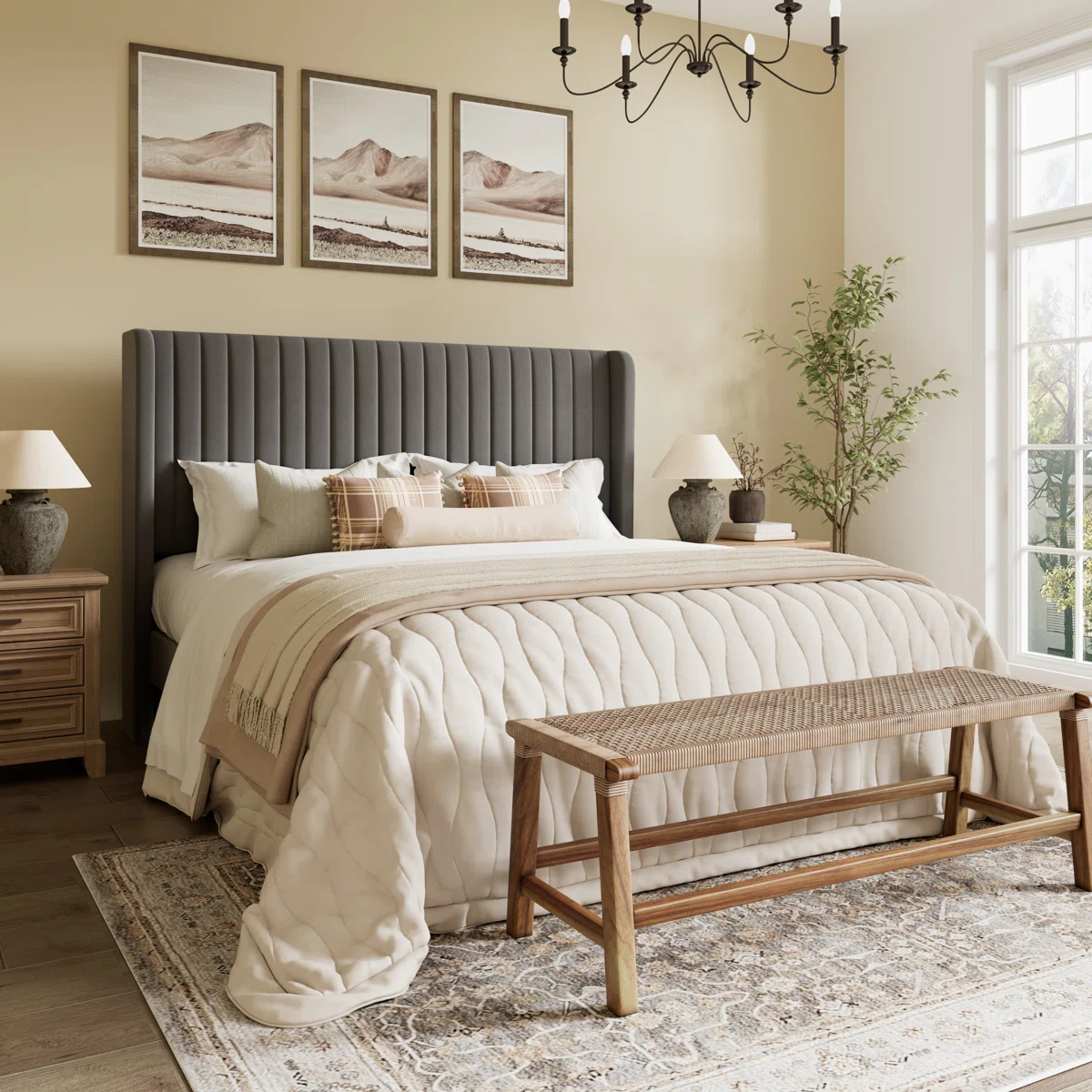 A cozy bedroom featuring a dark upholstered bed with a beige quilt and throw pillows, framed landscape art above, wooden nightstands with lamps, a wicker bench at the foot, a patterned rug, and a potted plant near a large window.