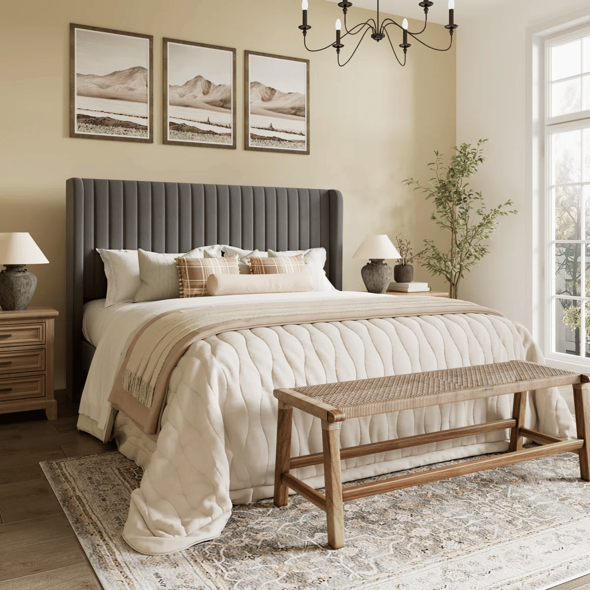 A cozy bedroom featuring a dark upholstered bed with a beige quilt and throw pillows, framed landscape art above, wooden nightstands with lamps, a wicker bench at the foot, a patterned rug, and a potted plant near a large window.
