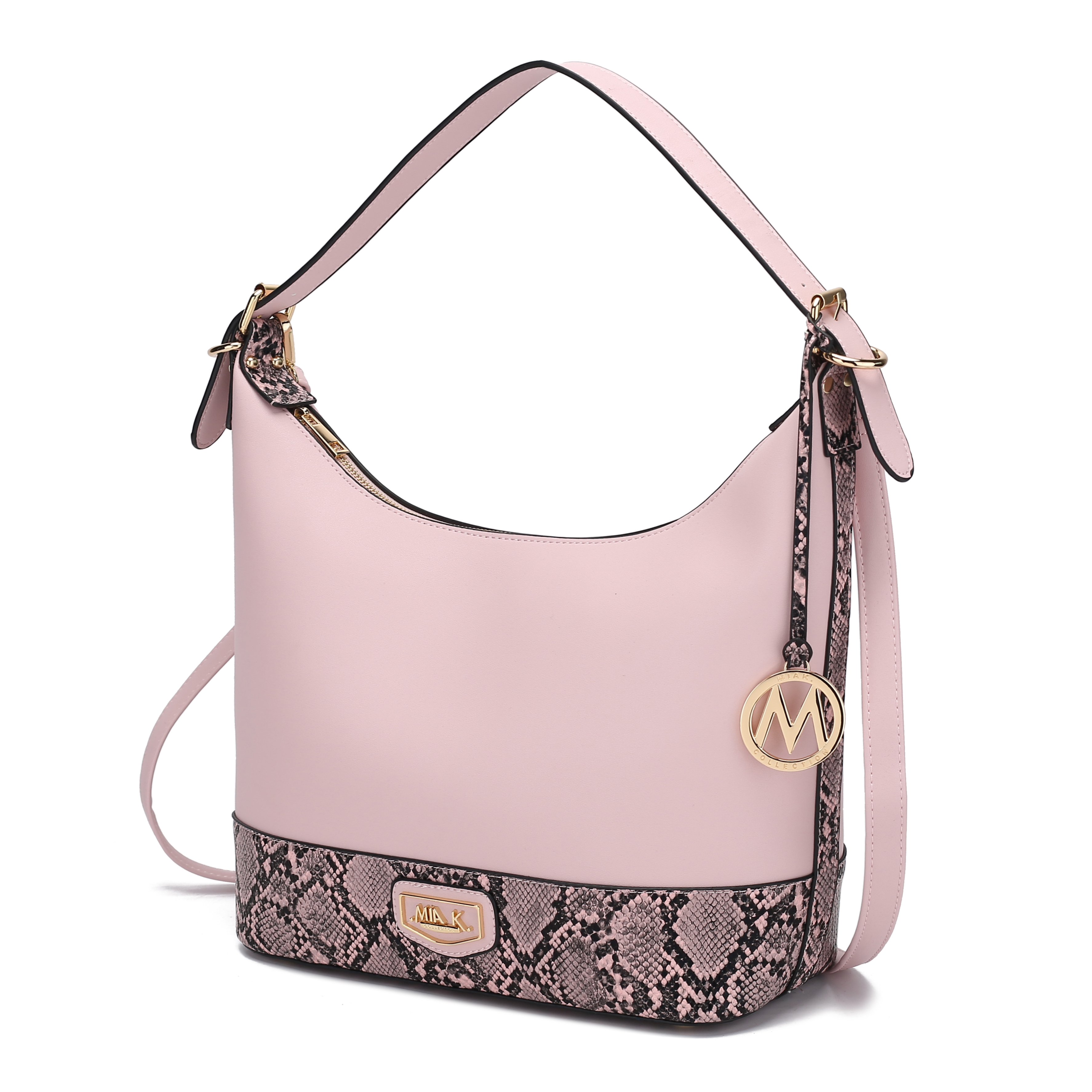 A light pink shoulder bag with snake print accents, featuring gold-tone hardware and a circular \“M\“ charm.