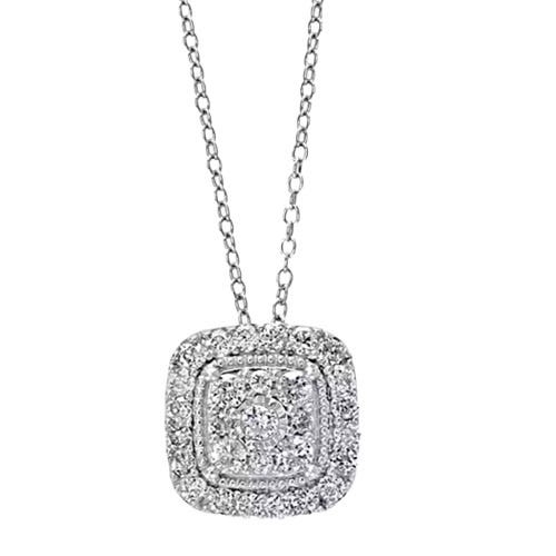 A square diamond encrusted necklace on a silver chain.