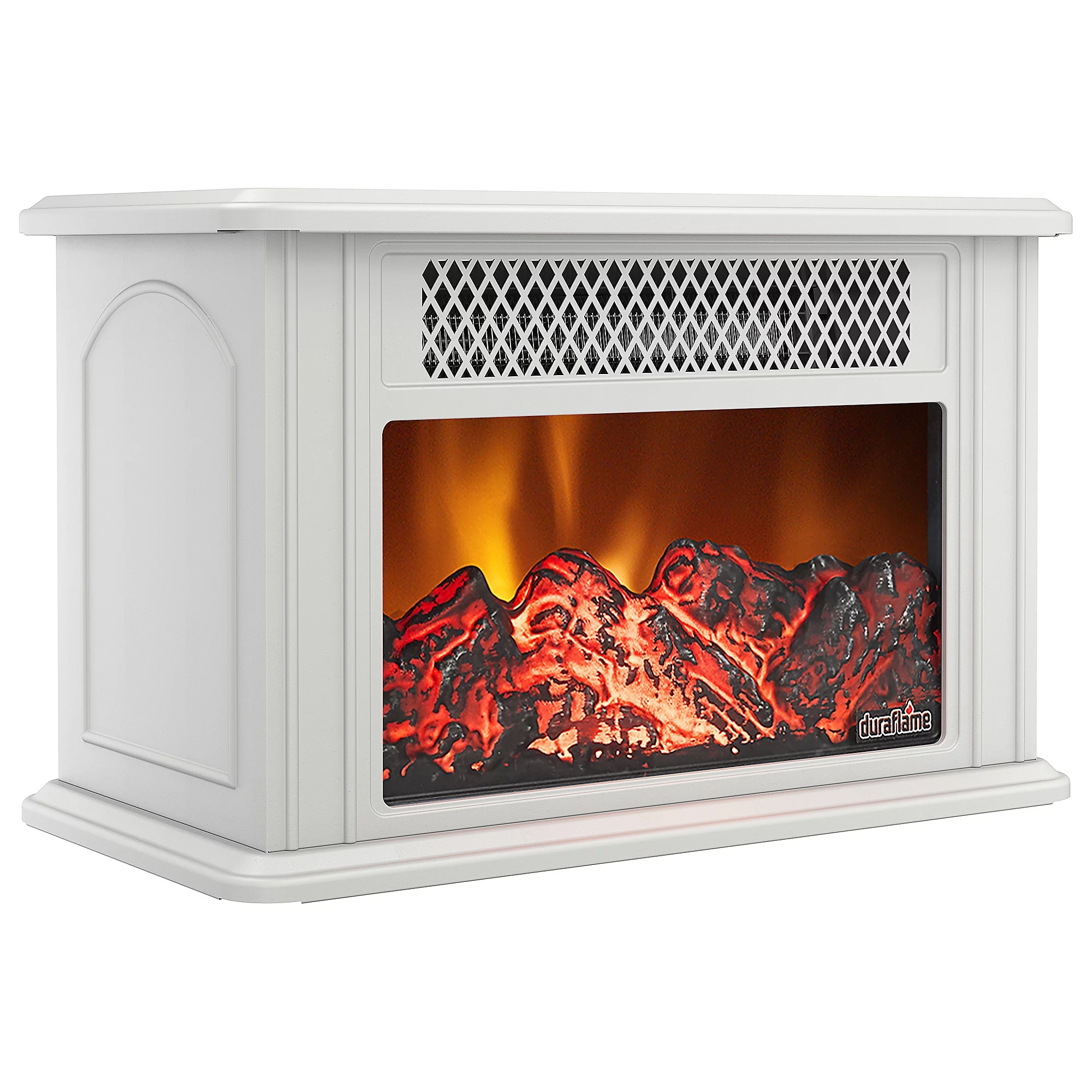 Duraflame Tabletop Electric Fireplace in white with a realistic LED display simulating flames and logs. It features a decorative front grille and a compact design suitable for small spaces.