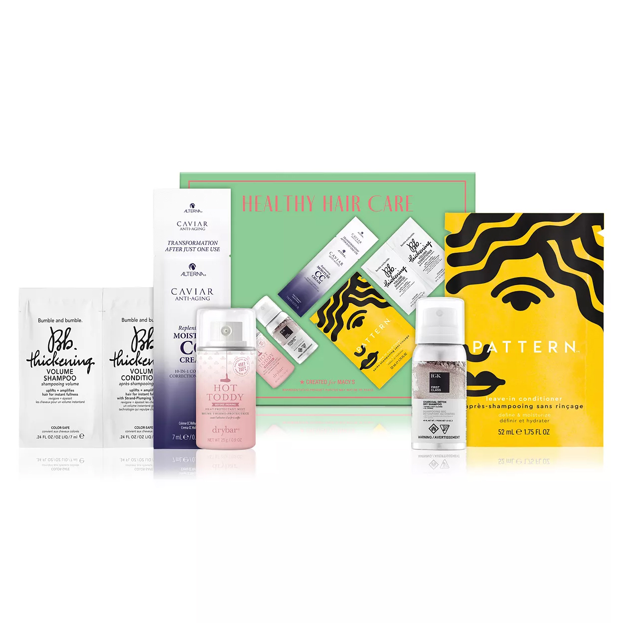 Assorted hair care products including shampoos, conditioners, and a heat protectant spray.