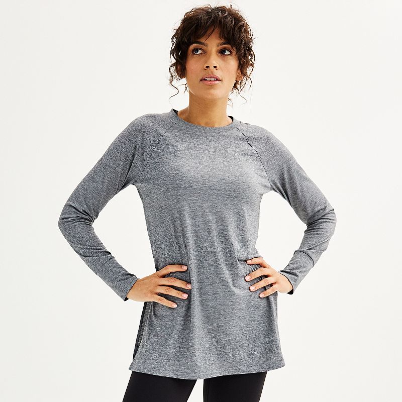 A gray long-sleeve tunic tee with a round neckline and a slightly extended length that provides extra coverage.