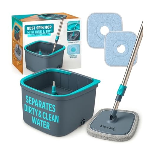 Spin mop system with a bucket that separates dirty and clean water, a mop handle, and two mop pads.