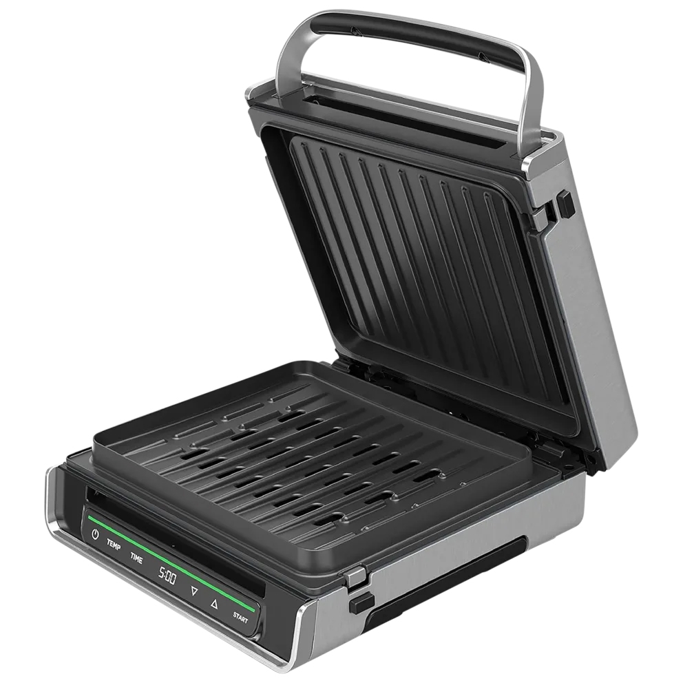 The George Foreman Digital Grill features a sleek design with digital controls for temperature and time settings, a large cooking surface with non-stick, ridged plates, and a handle for ease of use.