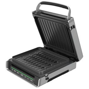 The George Foreman Digital Grill features a sleek design with digital controls for temperature and time settings, a large cooking surface with non-stick, ridged plates, and a handle for ease of use.