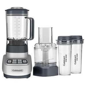 Cuisinart blender and food processor set includes a large blending jar, food processor attachment, and two portable \“To Go\“ cups with lids.