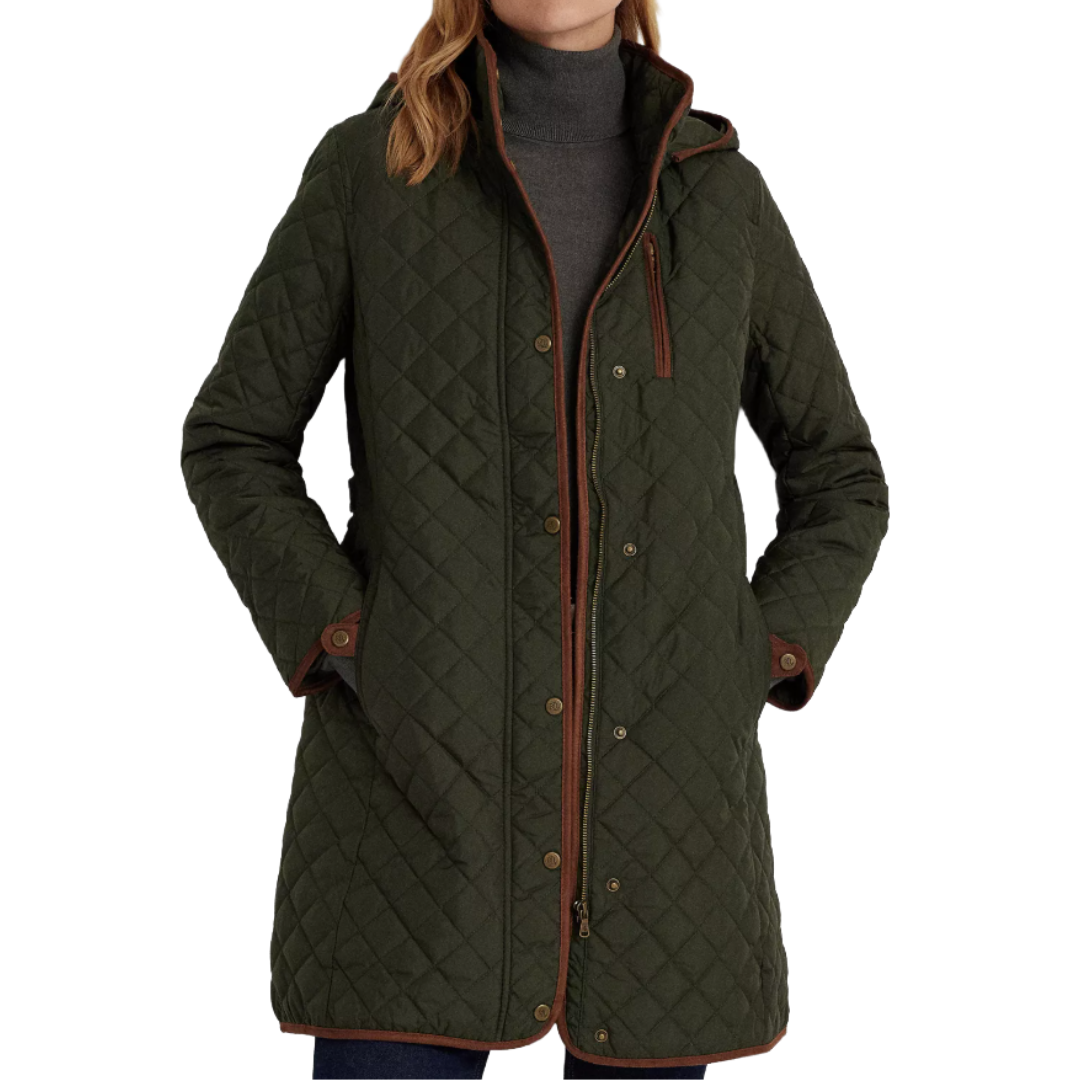 A quilted, dark green coat with brown trim, featuring a hood, front zipper, snap buttons, and side pockets. It's worn over a gray turtleneck sweater.