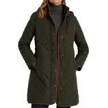 A quilted, dark green coat with brown trim, featuring a hood, front zipper, snap buttons, and side pockets. It's worn over a gray turtleneck sweater.