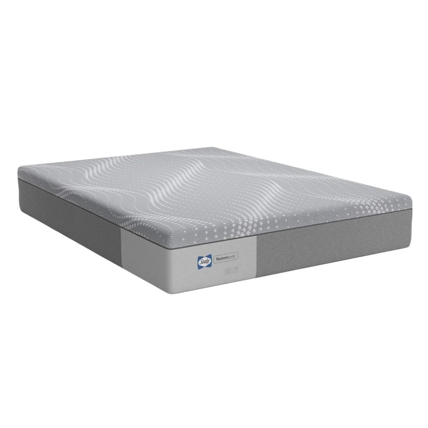 A Sealy queen-sized foam mattress with a patterned white top and grey sides, offering a blend of comfort and support. It measures 12 inches in thickness.