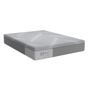 A Sealy queen-sized foam mattress with a patterned white top and grey sides, offering a blend of comfort and support. It measures 12 inches in thickness.
