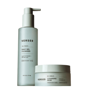 Versed Double Cleanse Skincare Set includes a Daily Gel Cleanser with Superfruit Complex and Aloe Leaf Juice (6 fl oz/177 ml) and a Cleansing Balm with Vitamin E and Eucalyptus Oil (2.3 oz/67 g), both dermatologist-tested.