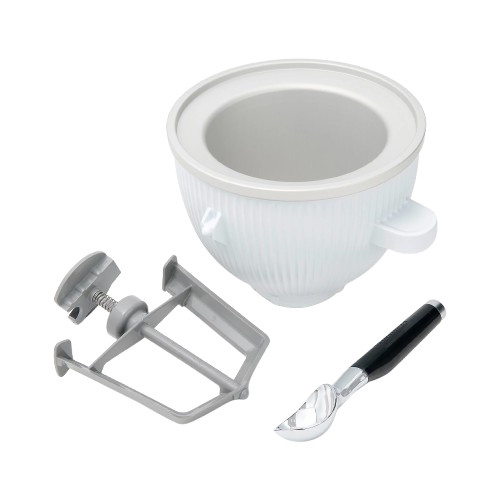 Ice cream maker attachment set with a mixing bowl, dasher, and scoop.
