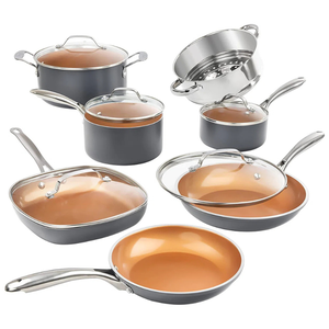 Cookware set featuring several pieces, including frying pans, a square skillet, pots, and a steamer insert, all with copper-colored interiors and stainless steel handles.