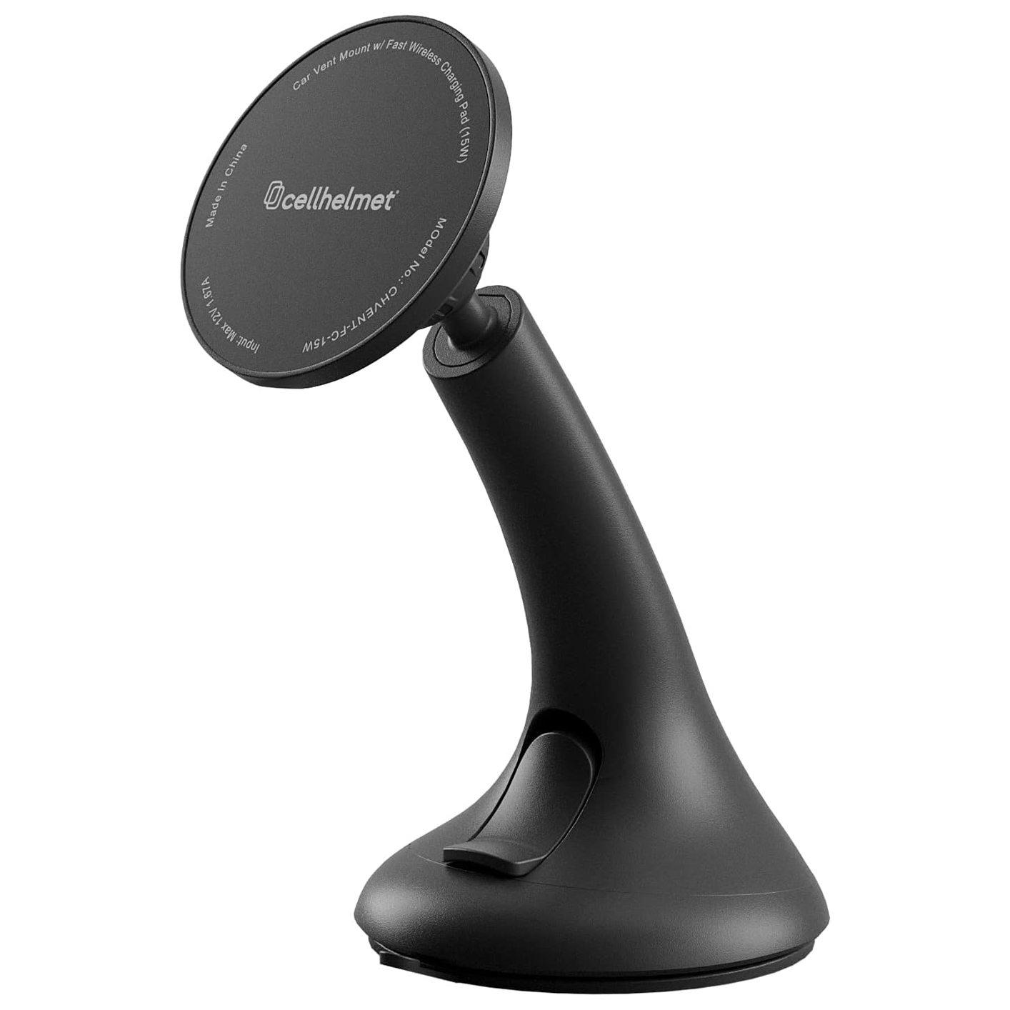 Black magnetic car dash mount with a fast wireless charging pad. It features a flexible, angled design with a suction base for secure attachment.