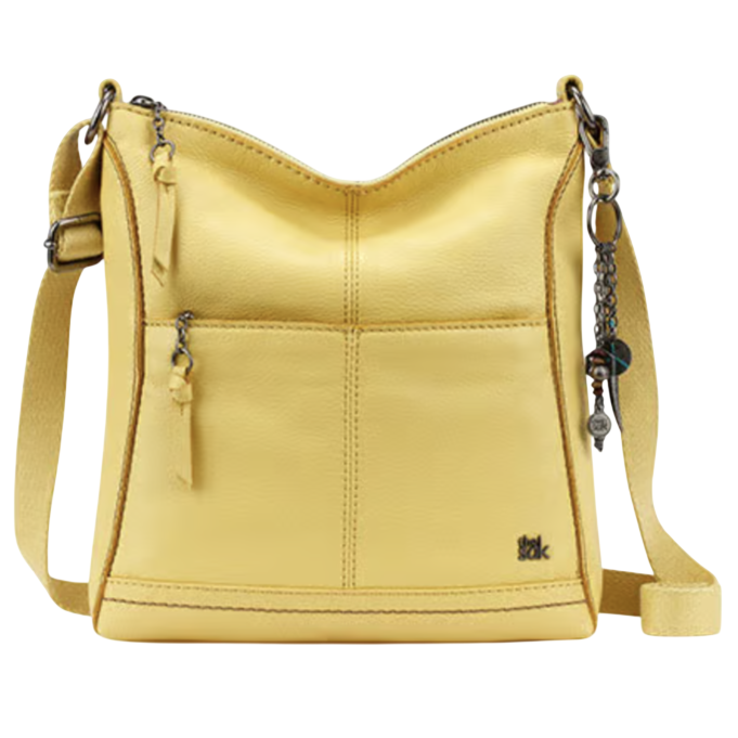 Yellow crossbody bag with a zipper, front pocket, adjustable strap, and decorative charm.