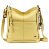 Yellow crossbody bag with a zipper, front pocket, adjustable strap, and decorative charm.