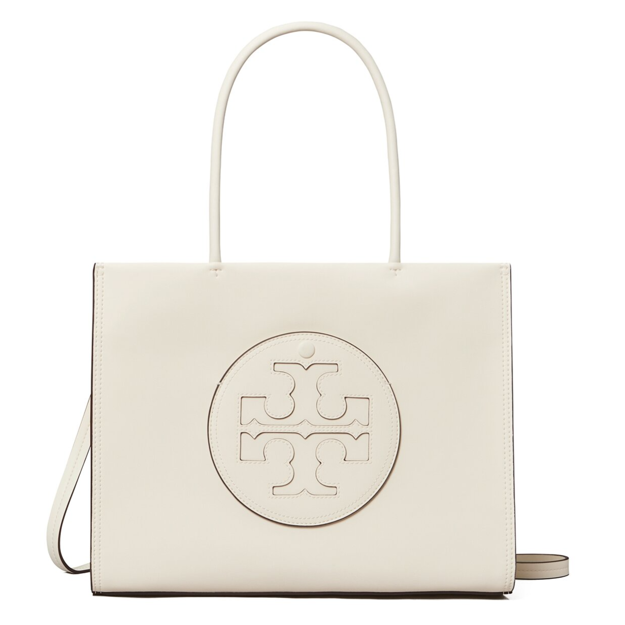 Cream-colored tote bag with a circular embossed logo on the front, featuring two handles.