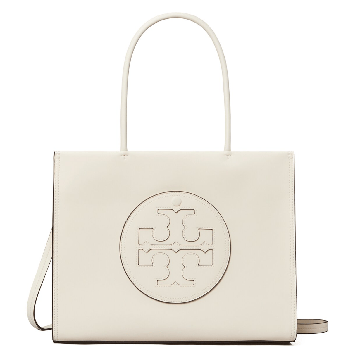 Cream-colored tote bag with a circular embossed logo on the front, featuring two handles.