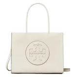 Cream-colored tote bag with a circular embossed logo on the front, featuring two handles.