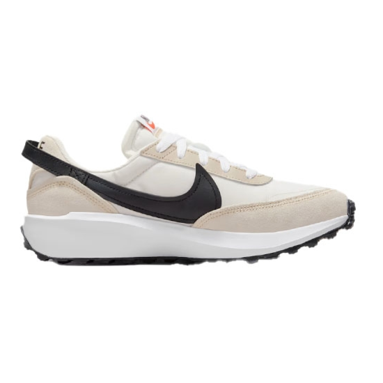 A low-top sneaker with a beige and white color scheme, featuring a black swoosh logo, white laces, and a textured sole for traction.