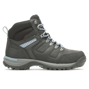 Wolverine Chisel 6\“ Work Boots are black with light blue accents, featuring a sturdy build, metal eyelets for lacing, cushioned ankle support, and a rugged outsole for traction. The brand logo is embossed on the side.