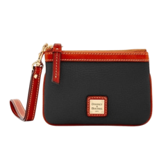 A small black and brown leather wristlet pouch with gold hardware and red accents, featuring a Dooney & Bourke logo on the front.