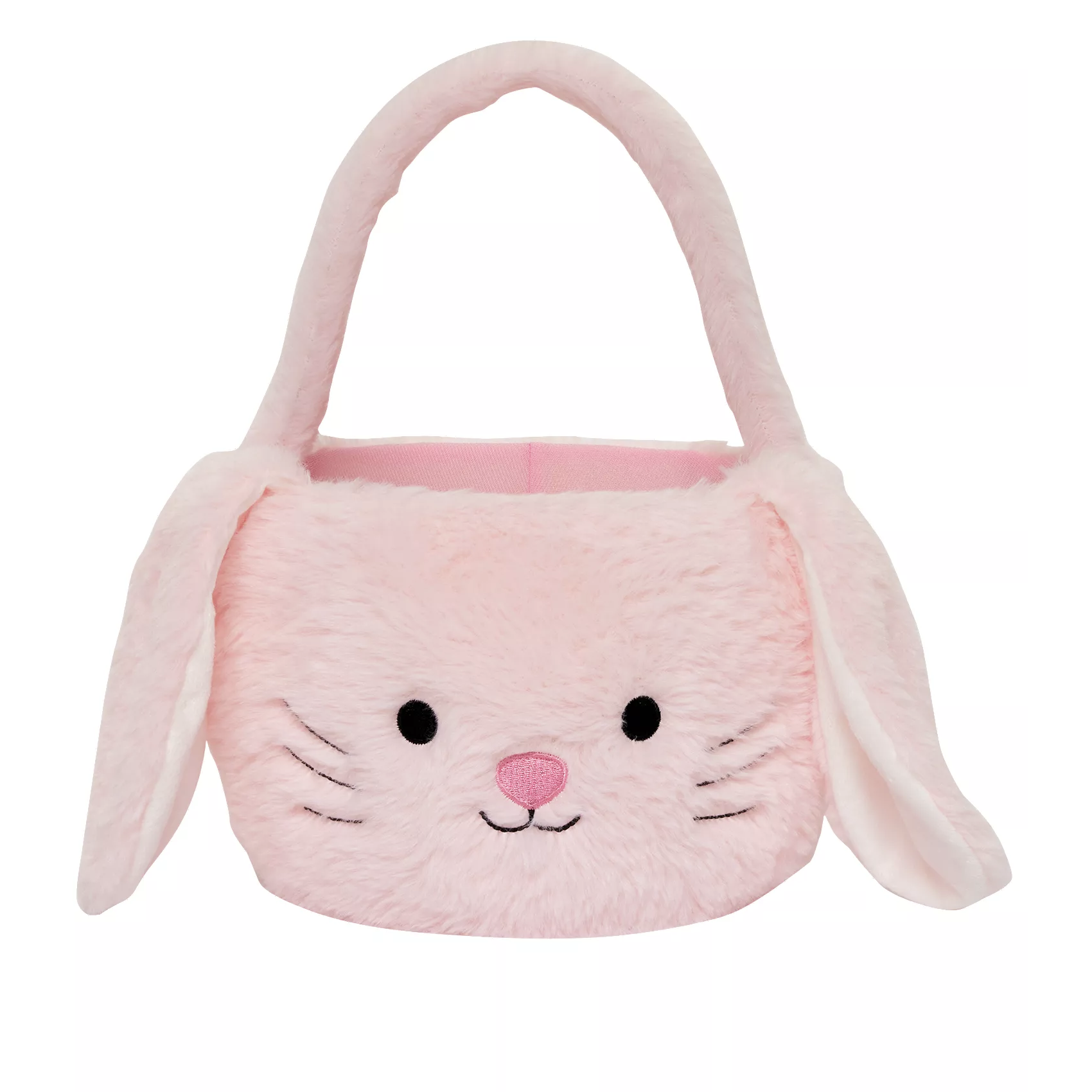 A pink plush basket resembling a bunny with floppy ears, embroidered face, and a handle.