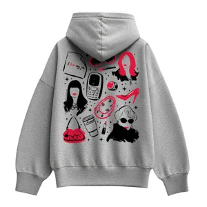A gray hoodie with illustrations of fashion and lifestyle items, including red high heels, sunglasses, a handbag, lipstick, a cell phone, and a to-go coffee cup, accented with images of stylized figures.