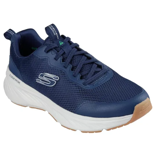 Navy blue Skechers sneaker with mesh upper, lace-up design, and a white midsole labeled \“EDGERIDE.\“ The shoe has a light brown outsole.