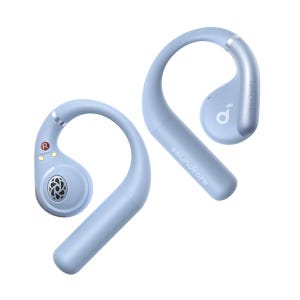 Light blue wireless earbuds with over-ear hooks and branding indicating \“soundcore.\“