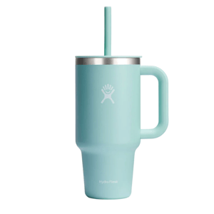 A mint green Hydro Flask mug with a handle, stainless steel rim, and matching straw, featuring the brand's logo.