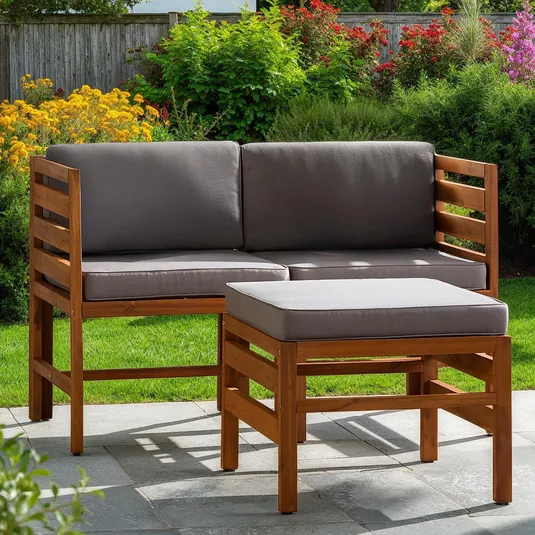 A wooden patio furniture set consisting of a corner bench with gray cushions and a matching ottoman, surrounded by a garden with flowers and greenery.