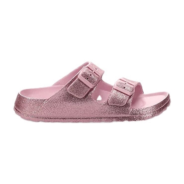 Pink glittery slide sandals with two adjustable buckle straps and a contoured footbed.