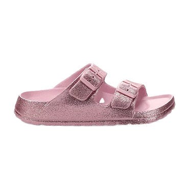 Pink glittery slide sandals with two adjustable buckle straps and a contoured footbed.