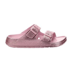 Pink glittery slide sandals with two adjustable buckle straps and a contoured footbed.