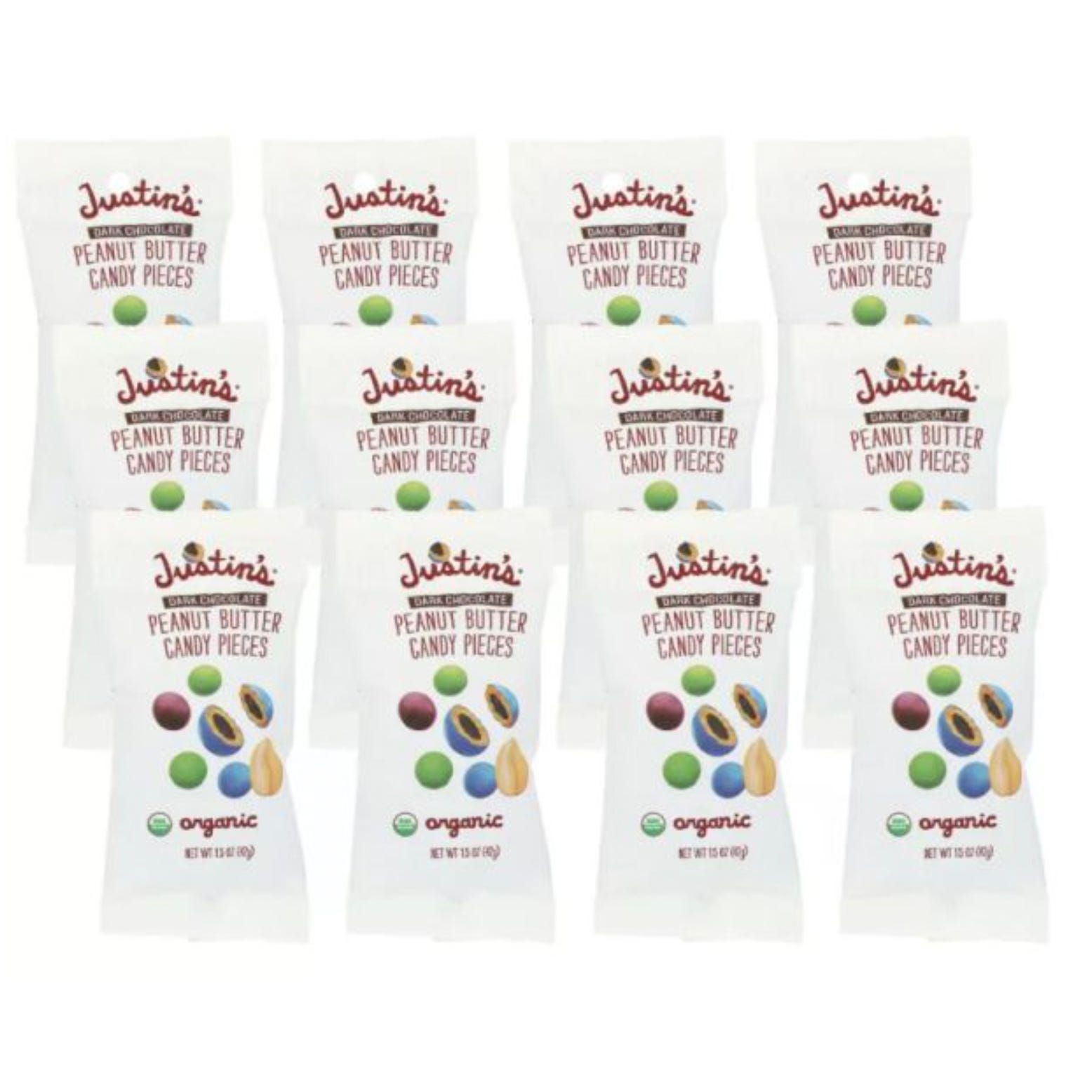 Justin's Dark Chocolate Peanut Butter Candy Pieces, organic, in 1.5 oz (42g) bags, are featured.