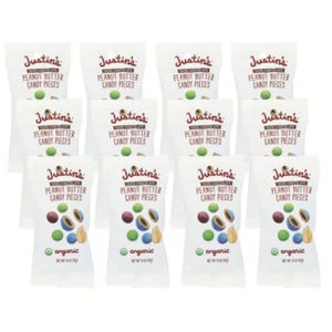 Justin's Dark Chocolate Peanut Butter Candy Pieces, organic, in 1.5 oz (42g) bags, are featured.