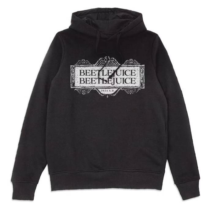 Black hoodie with \“BEETLEJUICE\“ printed twice in ornate lettering. The year \“2024 A.D.\“ is also included beneath the text.