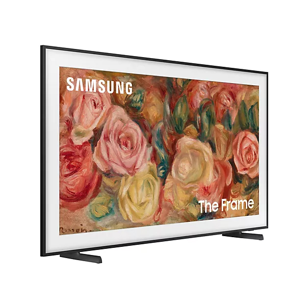 Samsung The Frame TV showcasing an art display featuring painted roses, with black bezels and stands.