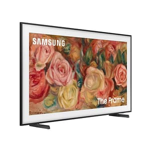 Samsung The Frame TV showcasing an art display featuring painted roses, with black bezels and stands.