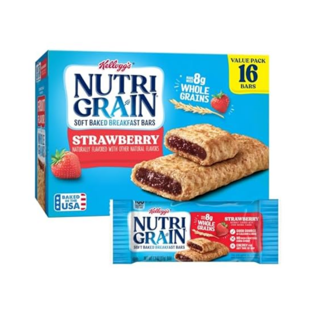 Kellogg's Nutri-Grain Soft Baked Breakfast Bars in strawberry flavor, featuring 8g of whole grains per bar. The package contains 16 bars.
