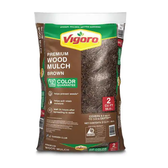 A bag of Vigoro brown premium wood mulch with a 12-month color guarantee that covers up to 8 sq ft.