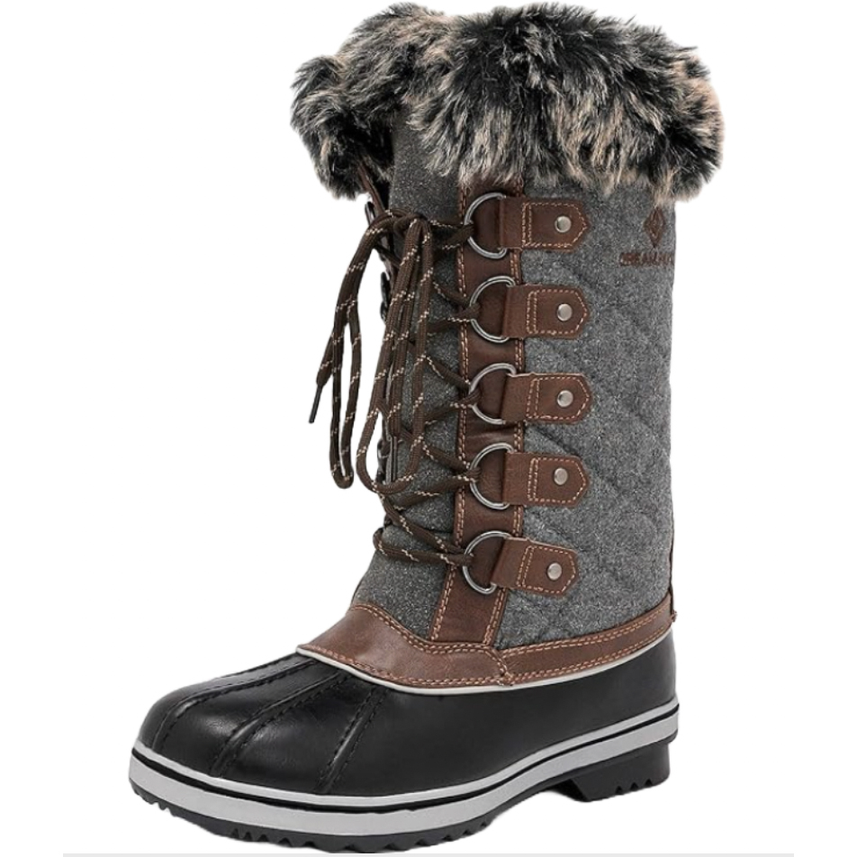 Tall winter boots with fur trim, lace-up front, and a combination of gray, brown, and black materials designed for warmth and protection against the elements.