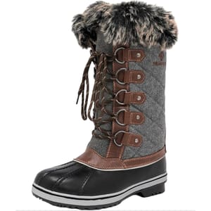 Tall winter boots with fur trim, lace-up front, and a combination of gray, brown, and black materials designed for warmth and protection against the elements.